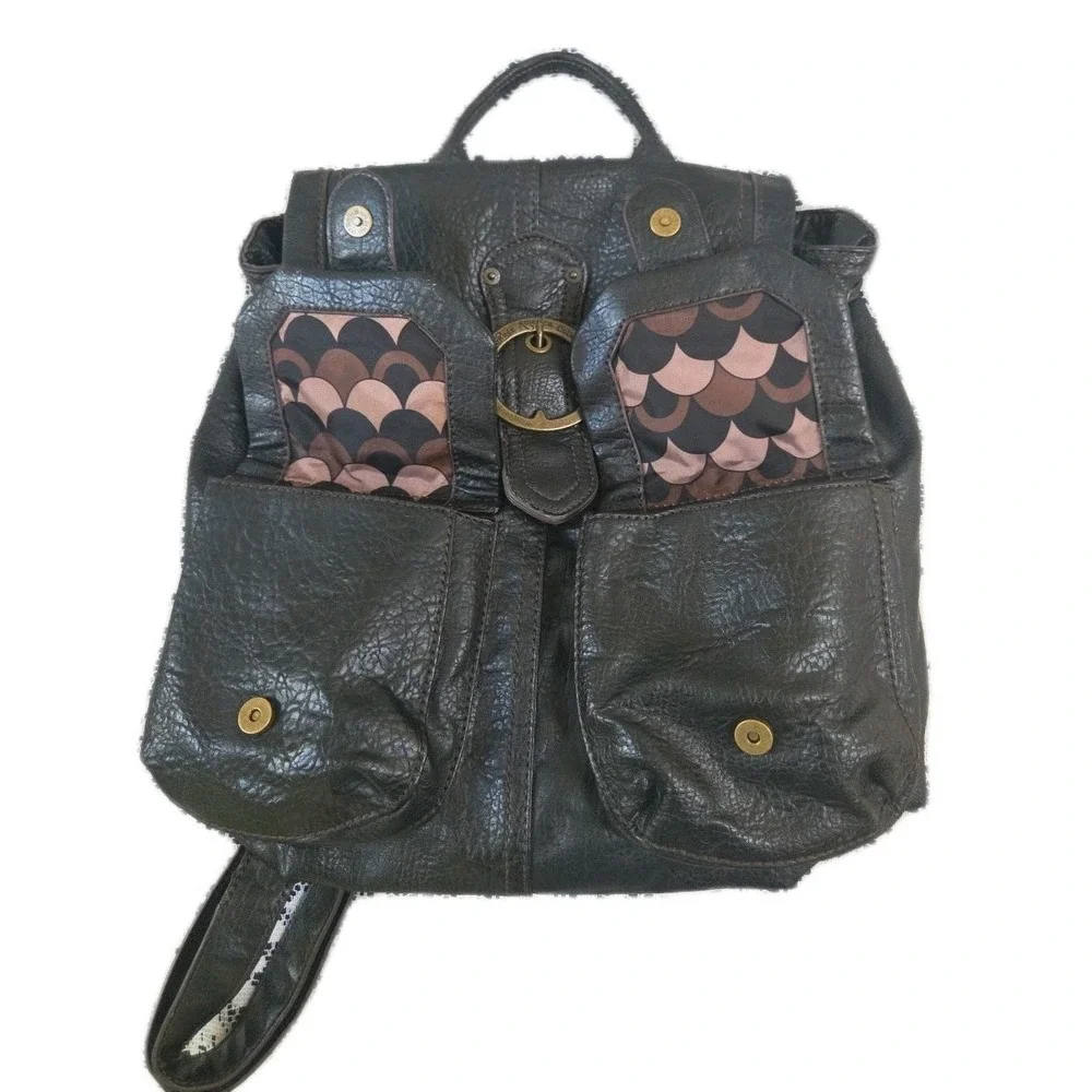 Vtg America Nine West‎ Dark Brown Leather Back Pack Travel Bag Magnetic Pockets